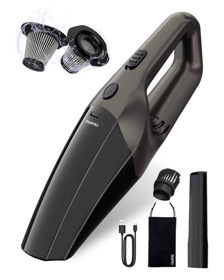 TANYO Aspirador de Mano: Potente Aspiradora sin Cable para Coche con Filtro Lavable y Kit de Limpieza Completo.