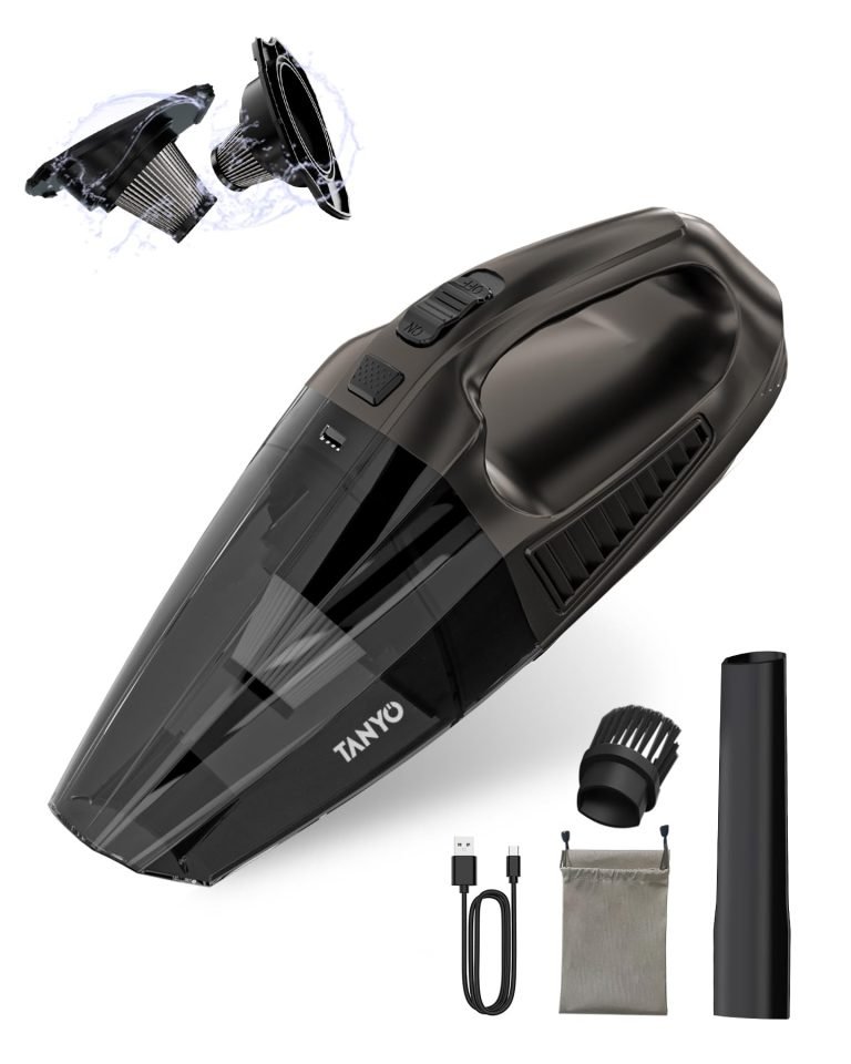 TANYO Aspirador de Mano: Potente Aspiradora Coche con Filtro HEPA de Acero Inoxidable y Accesorios de Limpieza. Ideal para Mascotas, Coche y Hogar